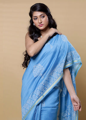 Blue Chanderi Cotton Saree With Blouse Piece