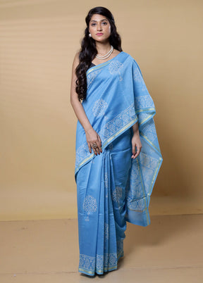 Blue Chanderi Cotton Saree With Blouse Piece