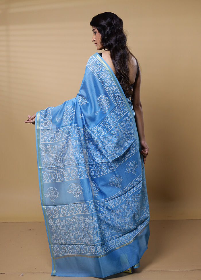 Blue Chanderi Cotton Saree With Blouse Piece