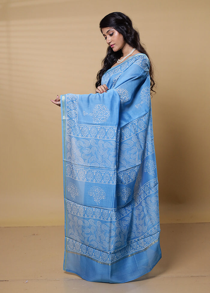 Blue Chanderi Cotton Saree With Blouse Piece