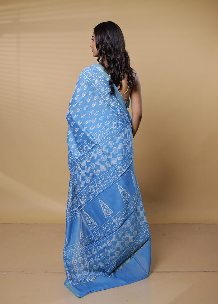 Blue Chanderi Cotton Saree With Blouse Piece