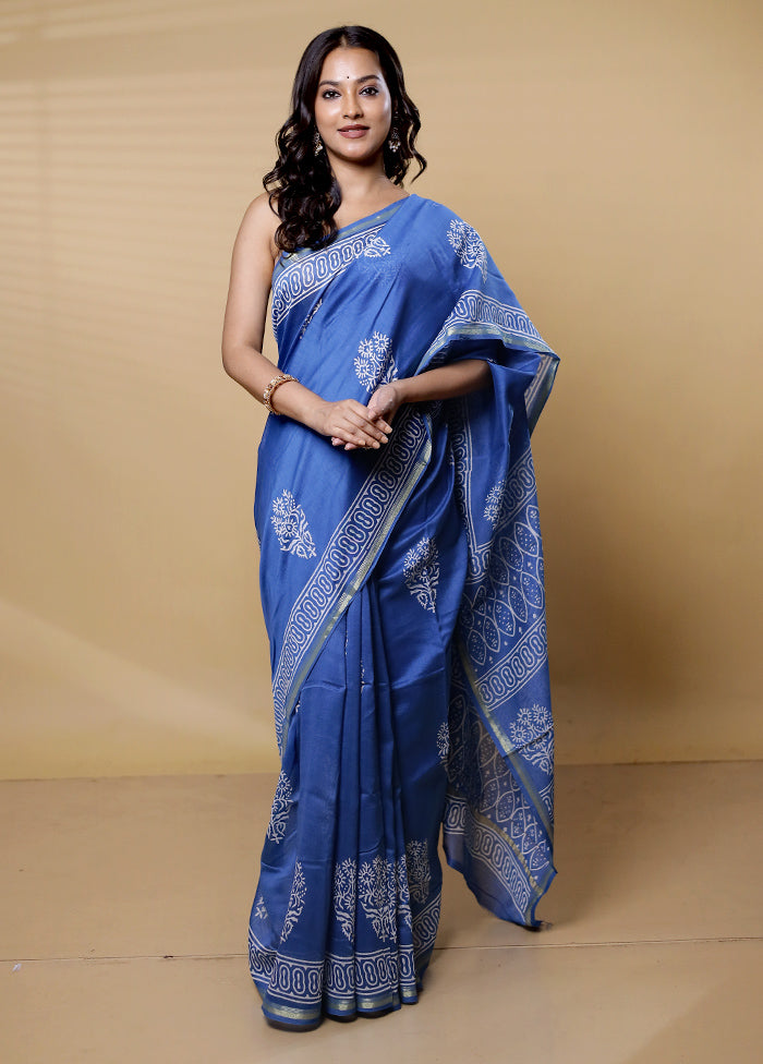 Blue Chanderi Cotton Saree With Blouse Piece