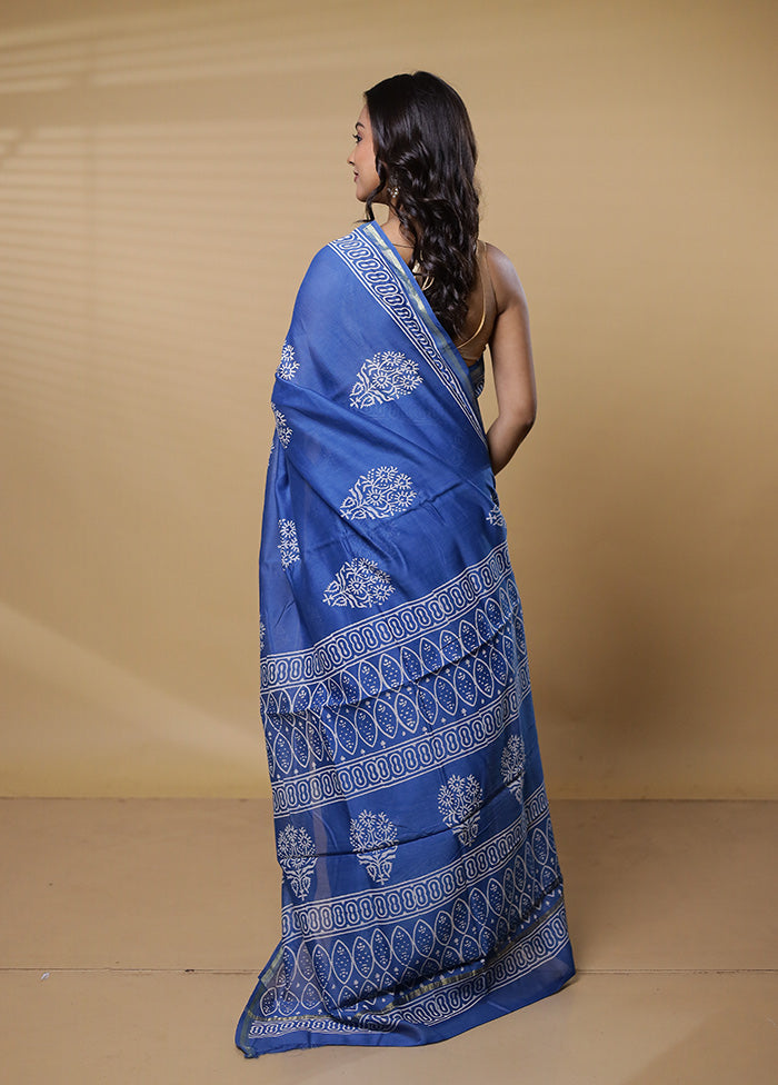 Blue Chanderi Cotton Saree With Blouse Piece