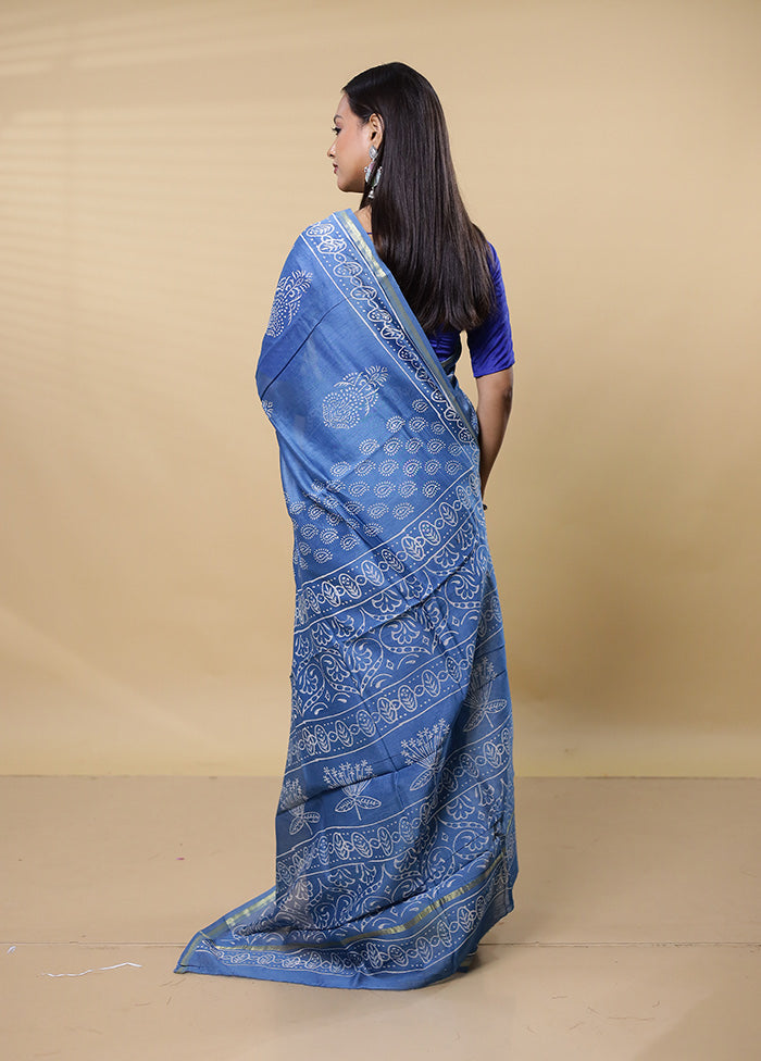 Blue Chanderi Cotton Saree With Blouse Piece