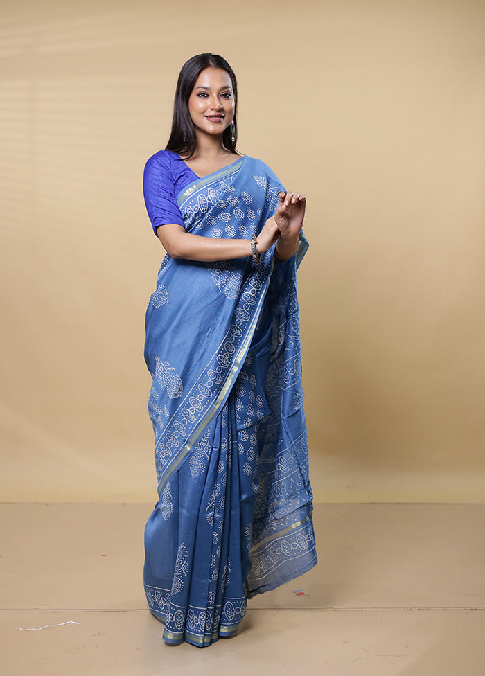 Blue Chanderi Cotton Saree With Blouse Piece