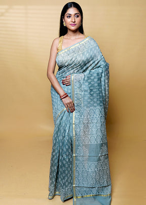 Grey Chanderi Cotton Saree With Blouse Piece