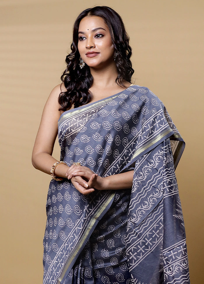 Grey Chanderi Cotton Saree With Blouse Piece