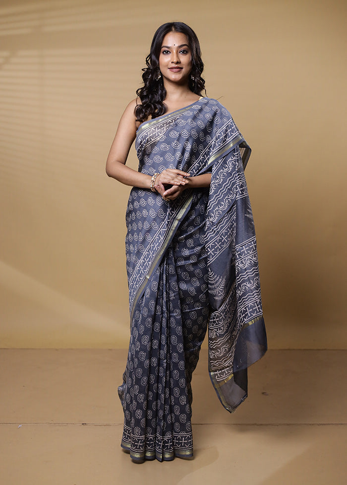 Grey Chanderi Cotton Saree With Blouse Piece