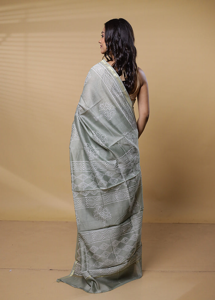 Green Chanderi Cotton Saree With Blouse Piece