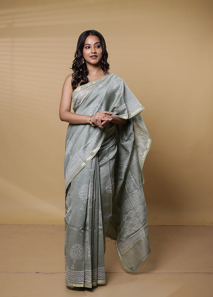 Green Chanderi Cotton Saree With Blouse Piece