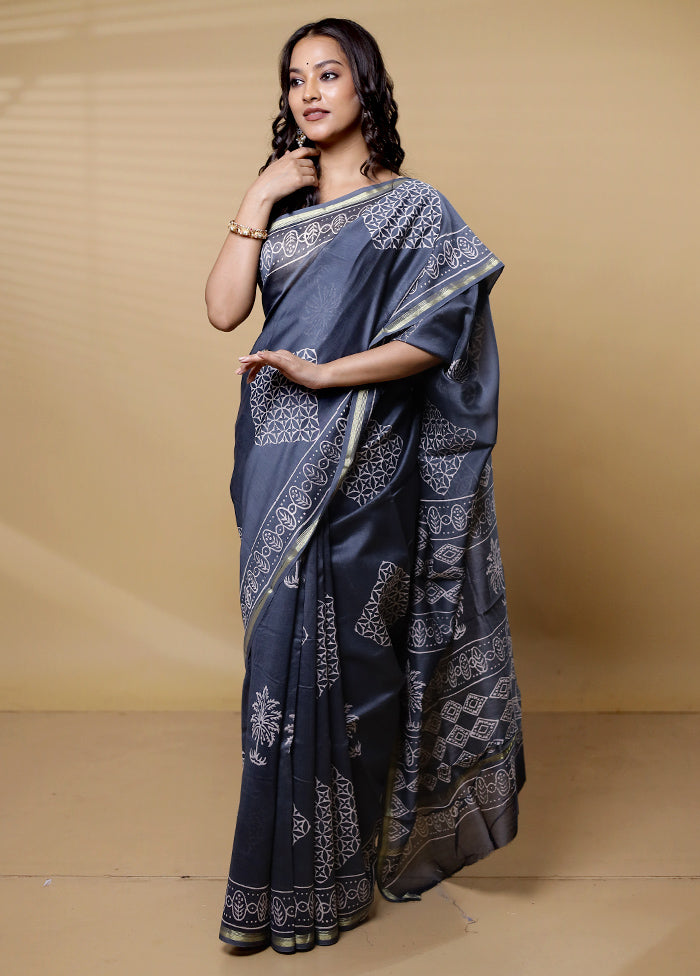 Grey Chanderi Cotton Saree With Blouse Piece