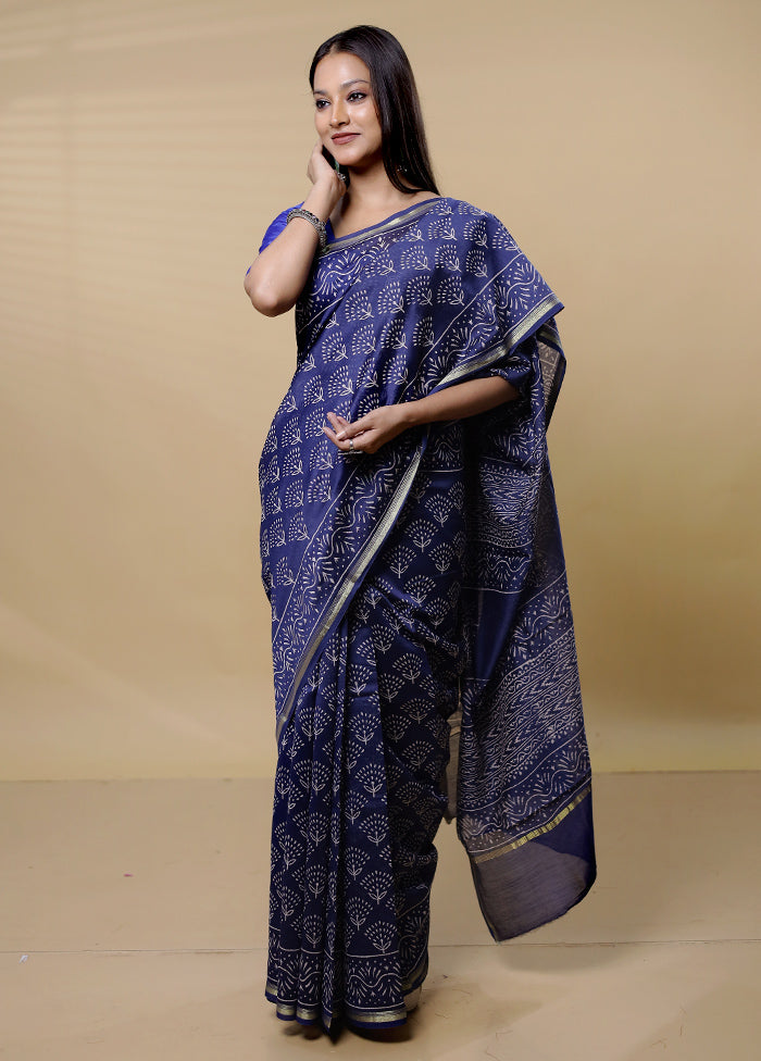 Blue Chanderi Cotton Saree With Blouse Piece