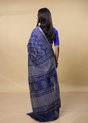 Blue Chanderi Cotton Saree With Blouse Piece