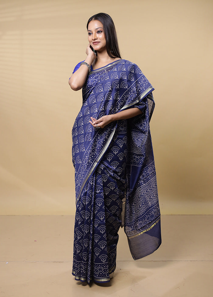 Blue Chanderi Cotton Saree With Blouse Piece