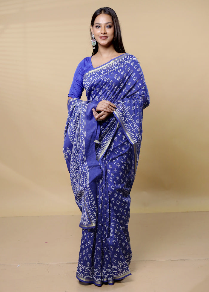 Blue Chanderi Cotton Saree With Blouse Piece