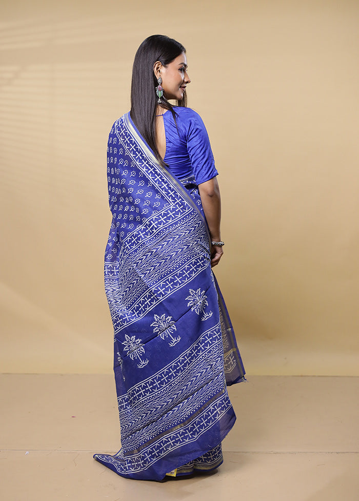 Blue Chanderi Cotton Saree With Blouse Piece