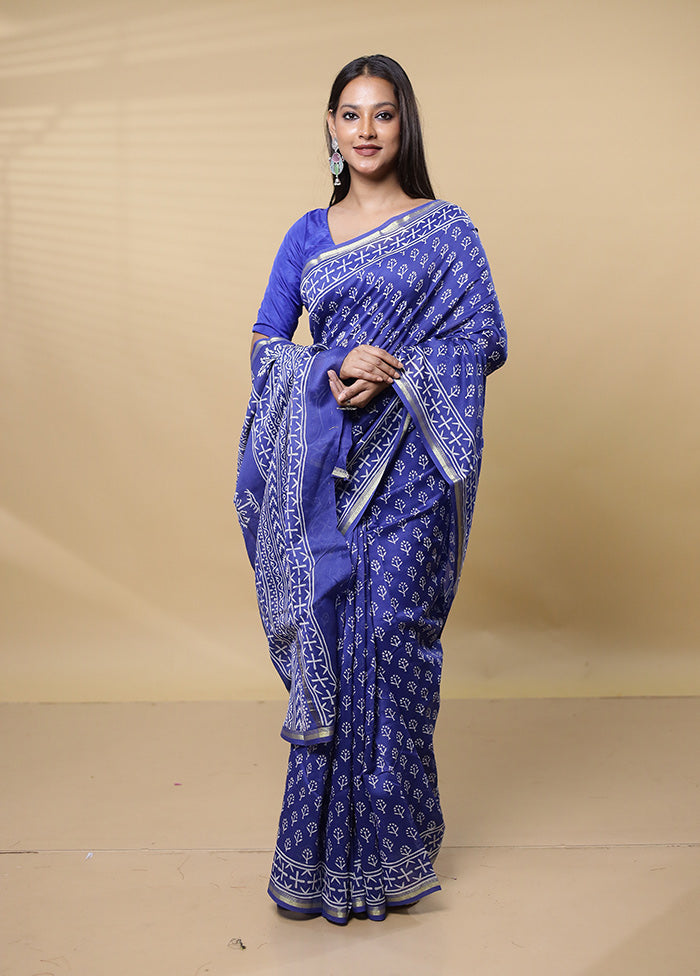 Blue Chanderi Cotton Saree With Blouse Piece