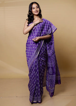 Purple Chanderi Cotton Saree With Blouse Piece