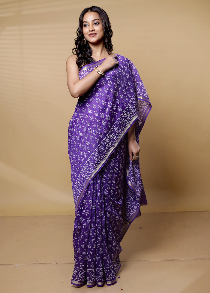 Purple Chanderi Cotton Saree With Blouse Piece