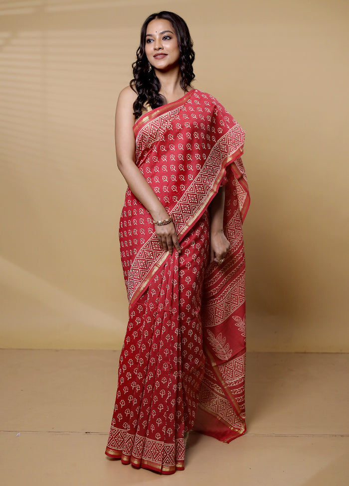 Red Chanderi Cotton Saree With Blouse Piece