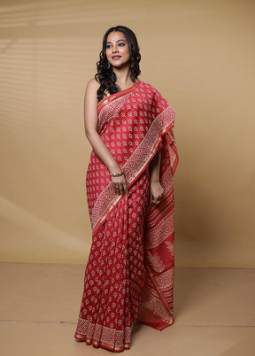 Red Chanderi Cotton Saree With Blouse Piece