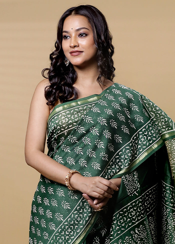 Green Chanderi Cotton Saree With Blouse Piece