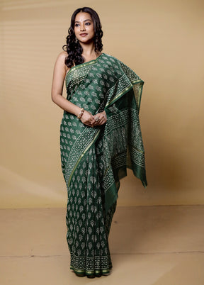 Green Chanderi Cotton Saree With Blouse Piece