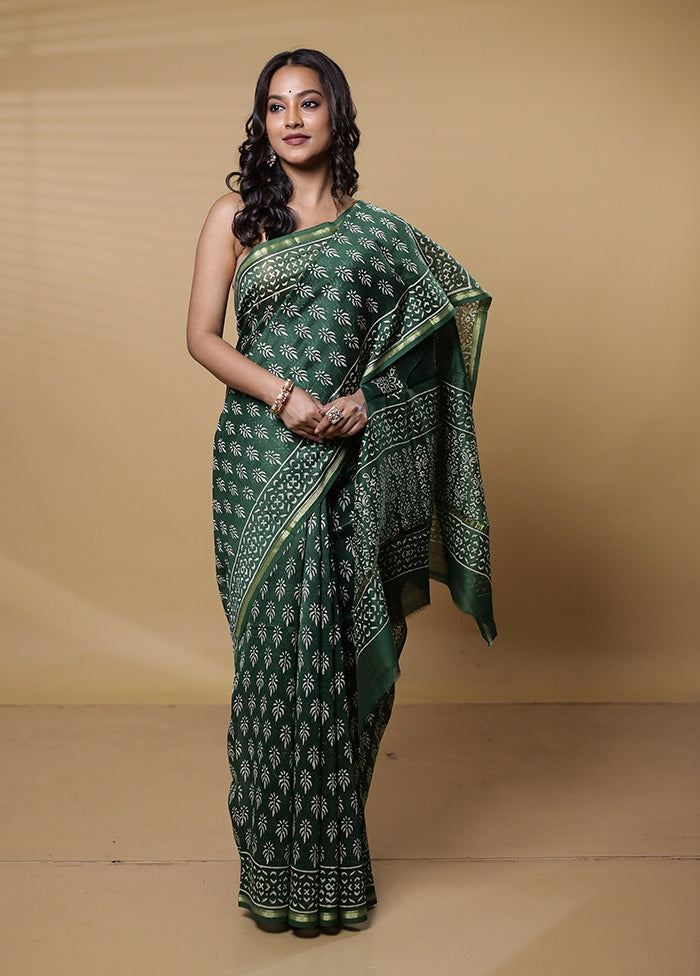 Green Chanderi Cotton Saree With Blouse Piece