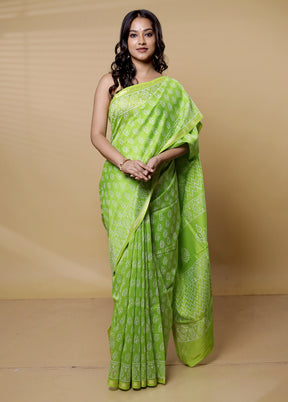 Green Chanderi Cotton Saree With Blouse Piece