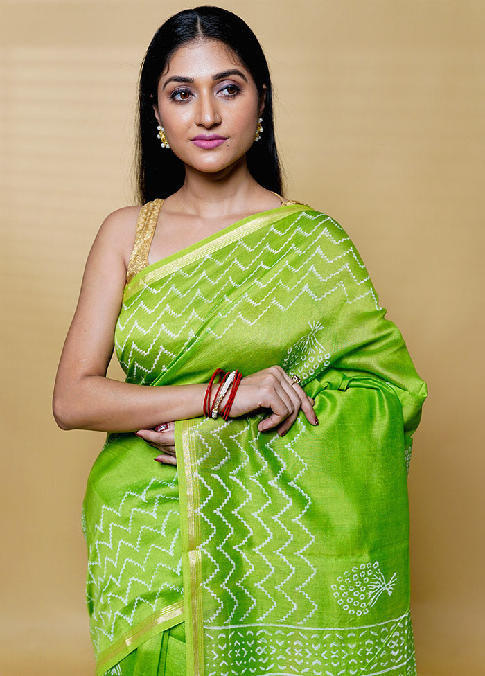 Green Chanderi Cotton Saree With Blouse Piece