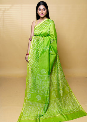 Green Chanderi Cotton Saree With Blouse Piece