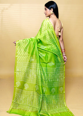 Green Chanderi Cotton Saree With Blouse Piece