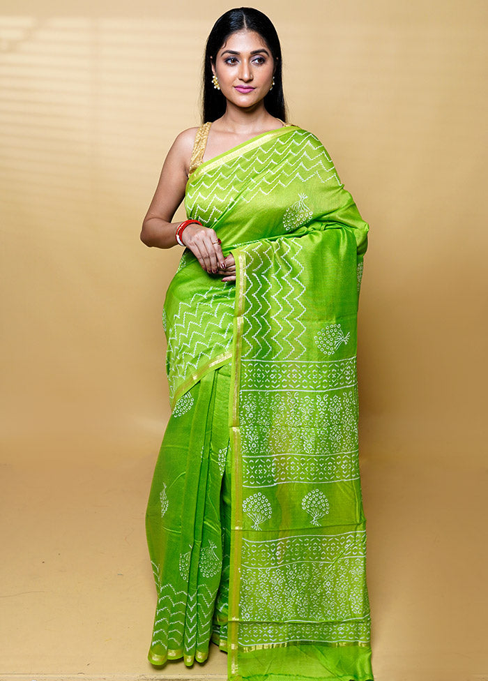 Green Chanderi Cotton Saree With Blouse Piece