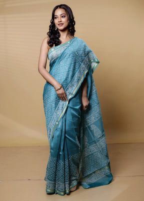 Green Chanderi Cotton Saree With Blouse Piece