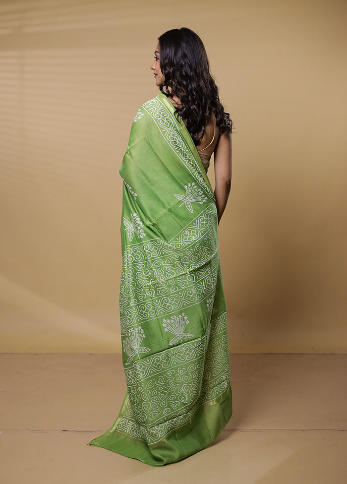 Green Chanderi Cotton Saree With Blouse Piece