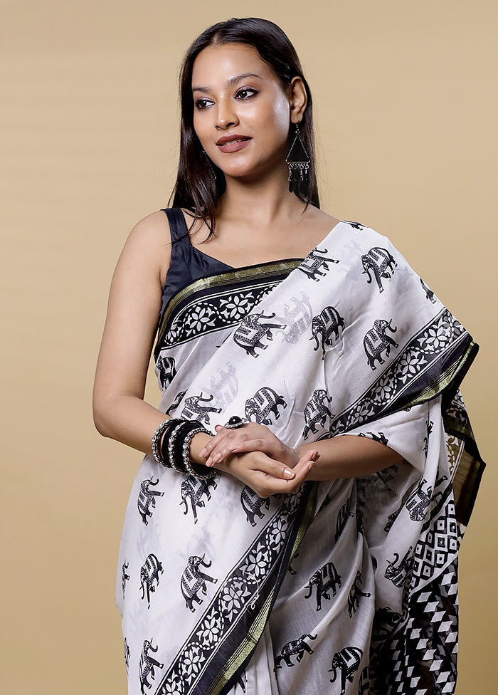 White Chanderi Cotton Saree With Blouse Piece