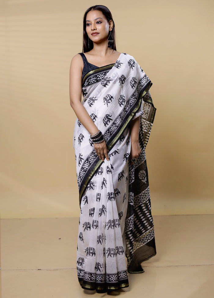 White Chanderi Cotton Saree With Blouse Piece