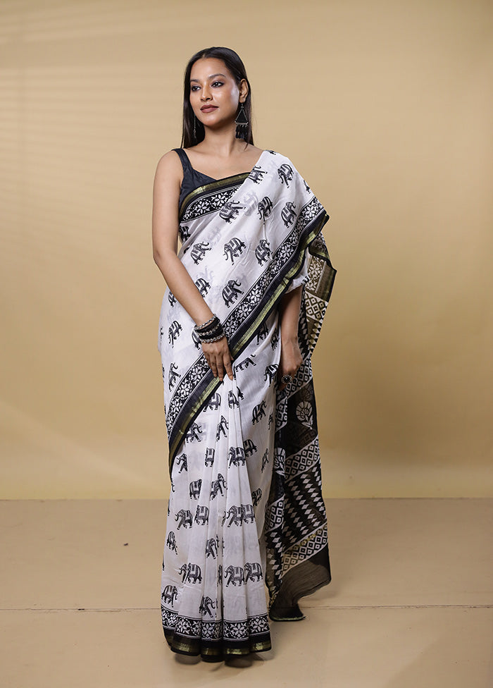 White Chanderi Cotton Saree With Blouse Piece