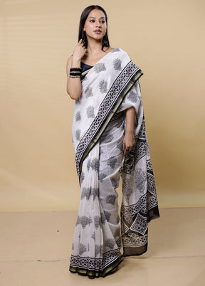 White Chanderi Cotton Saree With Blouse Piece