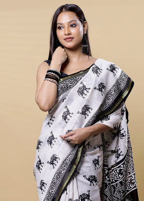 White Chanderi Cotton Saree With Blouse Piece