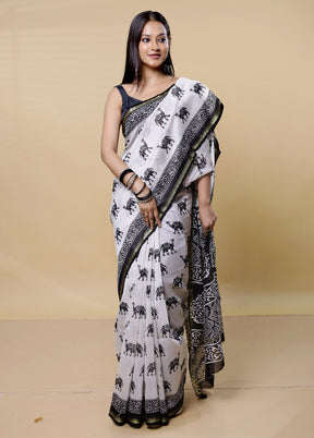 White Chanderi Cotton Saree With Blouse Piece