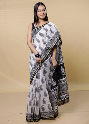 White Chanderi Cotton Saree With Blouse Piece