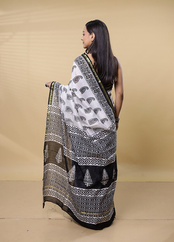 White Chanderi Cotton Saree With Blouse Piece