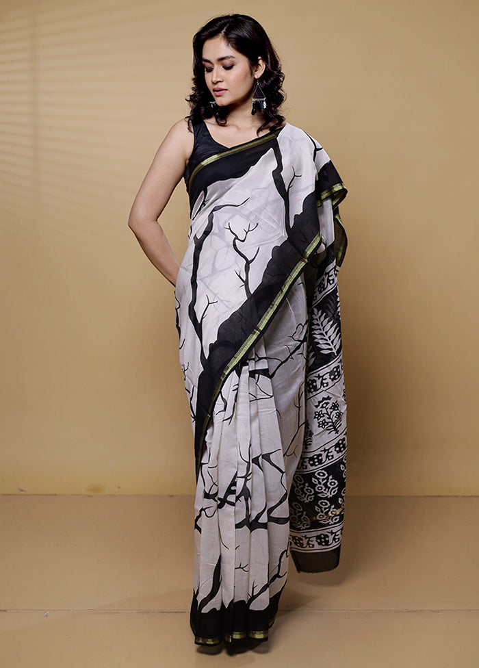 White Chanderi Cotton Saree With Blouse Piece