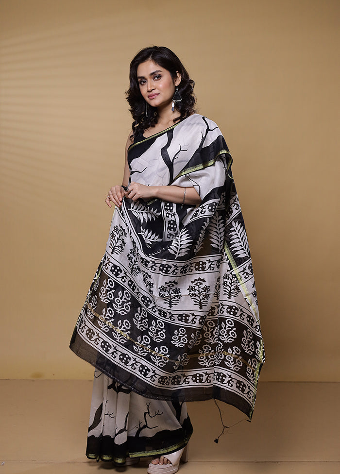 White Chanderi Cotton Saree With Blouse Piece