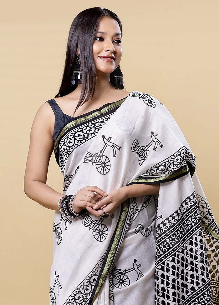 White Chanderi Cotton Saree With Blouse Piece