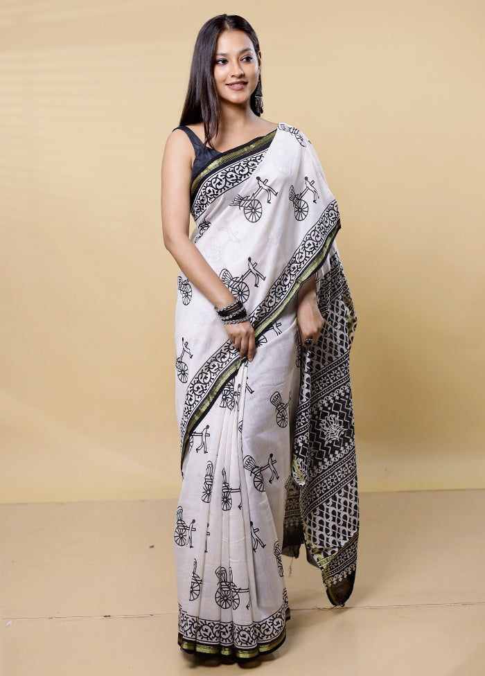 White Chanderi Cotton Saree With Blouse Piece