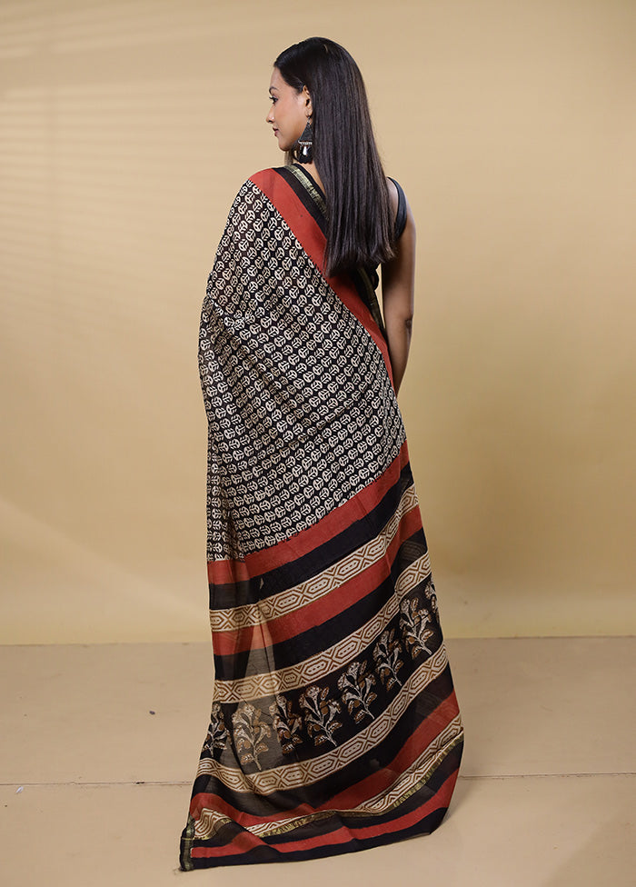 Black Chanderi Cotton Saree With Blouse Piece