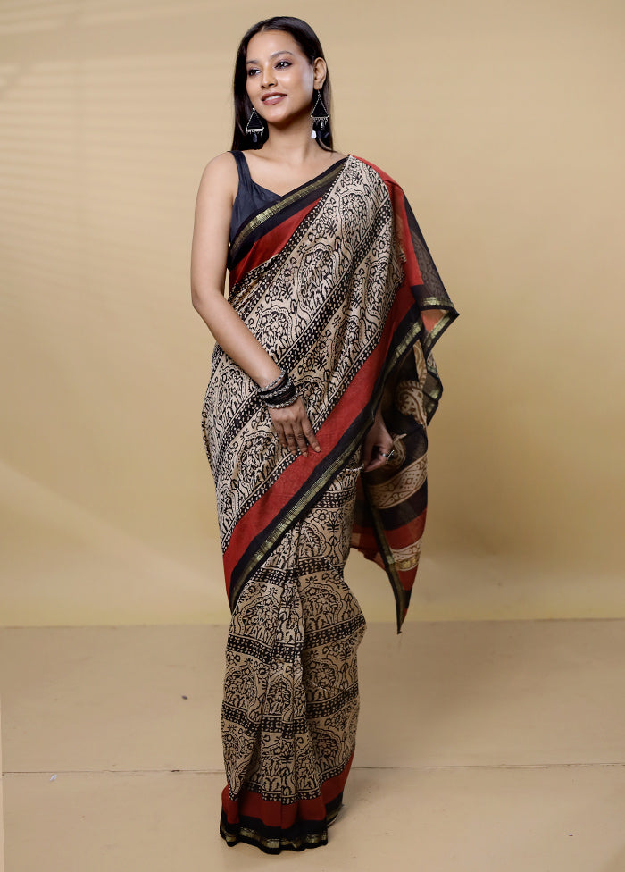 Cream Chanderi Cotton Saree With Blouse Piece