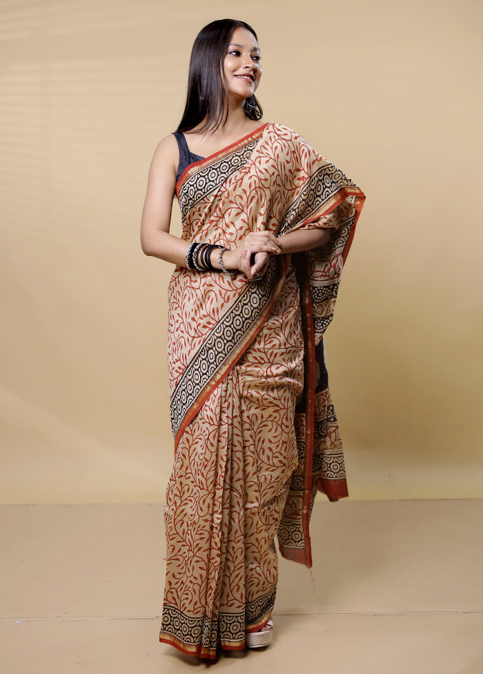 Cream Chanderi Cotton Saree With Blouse Piece